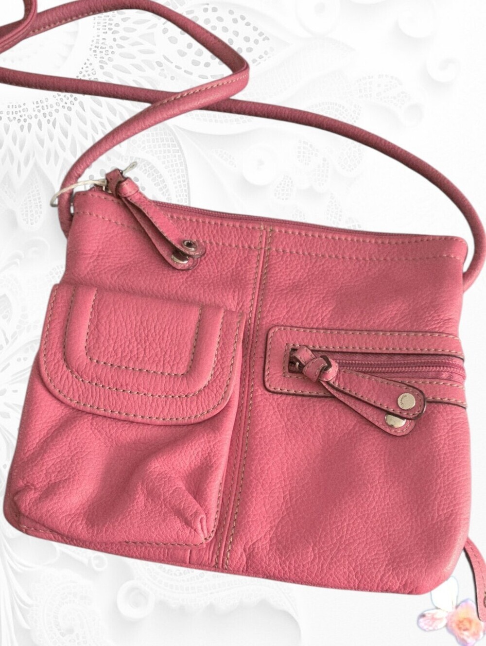 Tignanello Pink Crossbody Wallet Organizer Bag Pebbled Leather Slim Like New